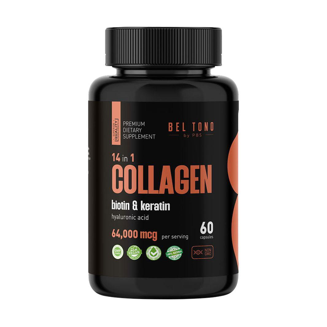 Комплекс для шкіри, волосся, нігтів та суглобів Bel Tono Collagen Biotin &amp; Keratin Hyaluronic Acid 64000 mcg, 60 капсул